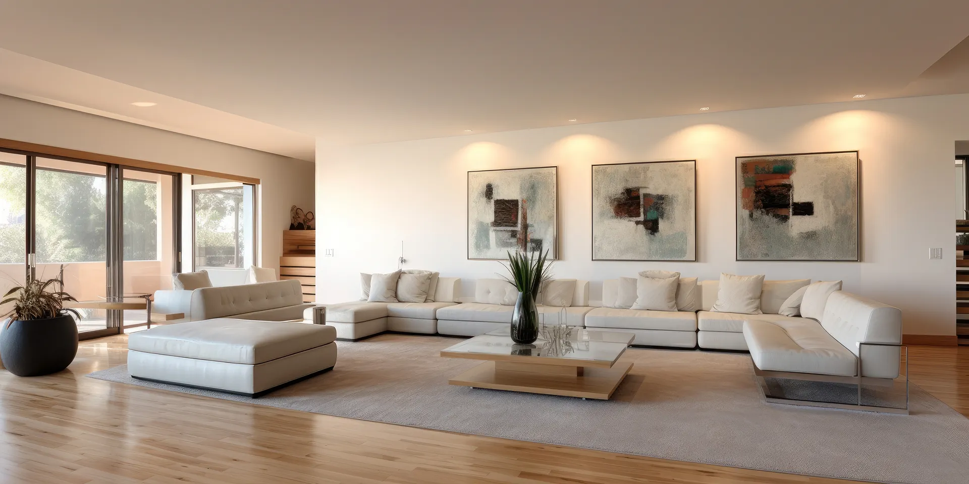 Salon ensoleillé, tableaux aux murs